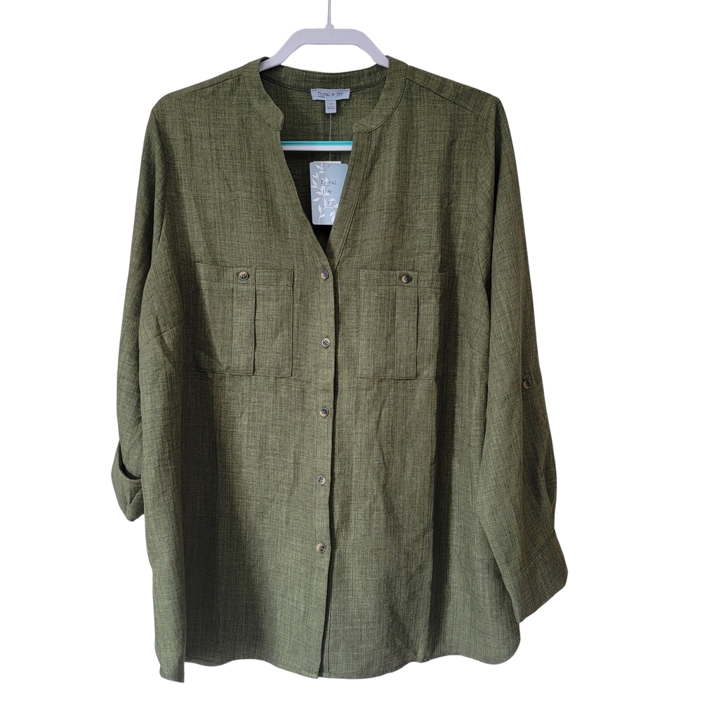Floral & Ivy Womens Olive Green Button-Up Blouse Plus Size 1X